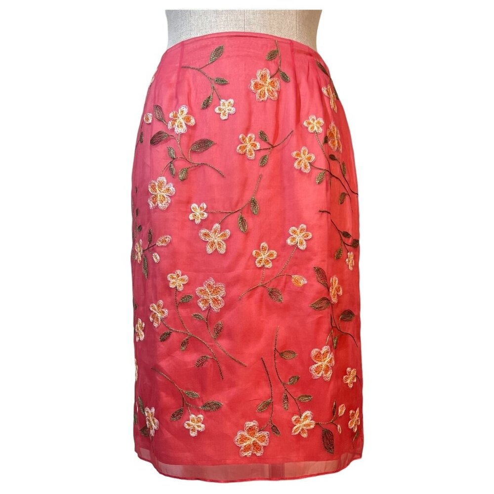 Womens INC Embroidered Silk Skirt‎ Size 6 Floral Pink Lined Zipper